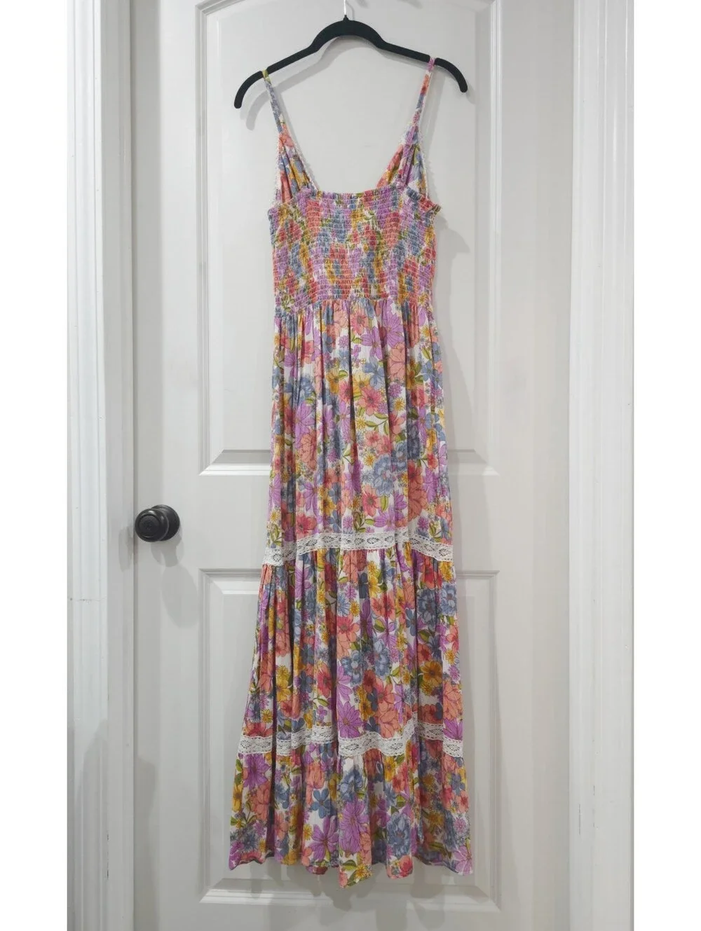 ANGIE Floral Boho Tiered Maxi Dress with Lace Trim & Twist Front, Nwot